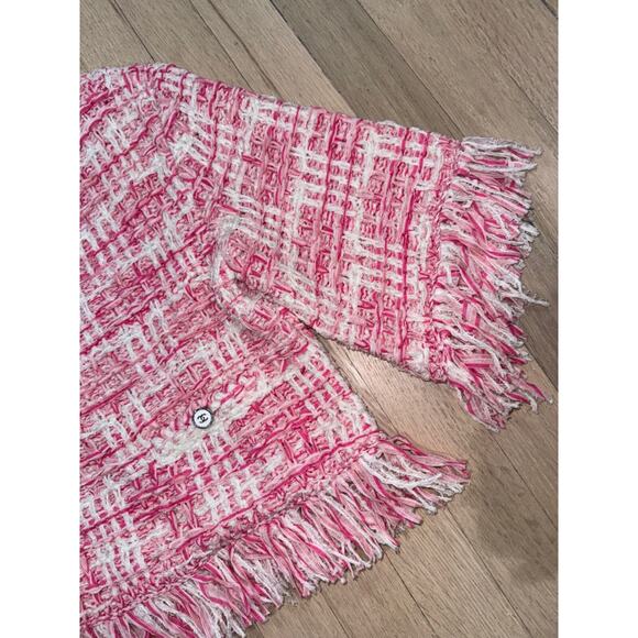 Chanel 24P Pink White Knit Frayed Tweed CC Logo Short Sleeve Pullover Top 38 - Picture 8 of 16